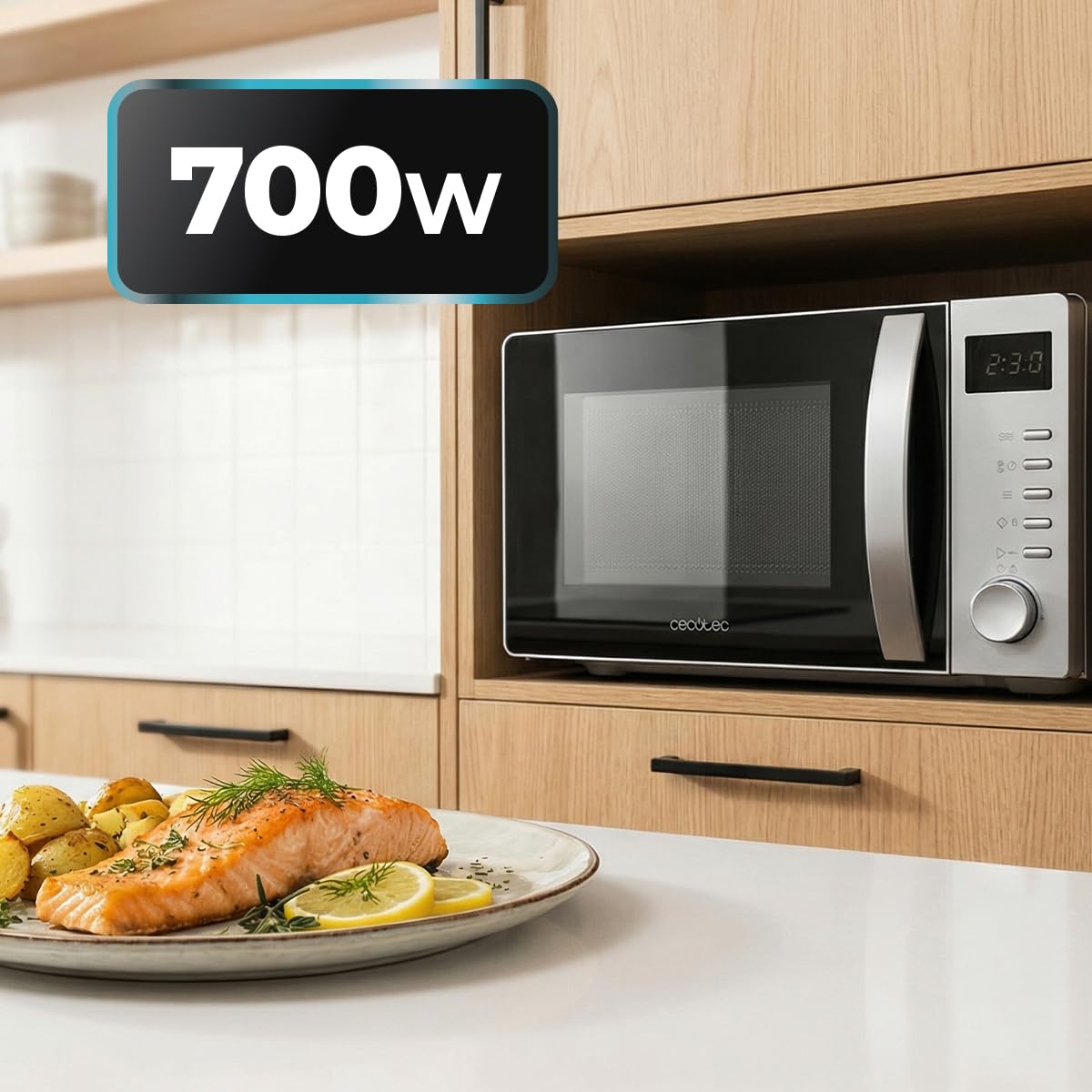 Cecotec Cyfrowa kuchenka mikrofalowa Proclean 5005 Silver. 700W, 20L, technologia 3DWave, 5 poziomów mocy, timer 30 min, rozmrażanie, wyświetlacz z zegarem, gotowe posiłki natychmiast gotowe