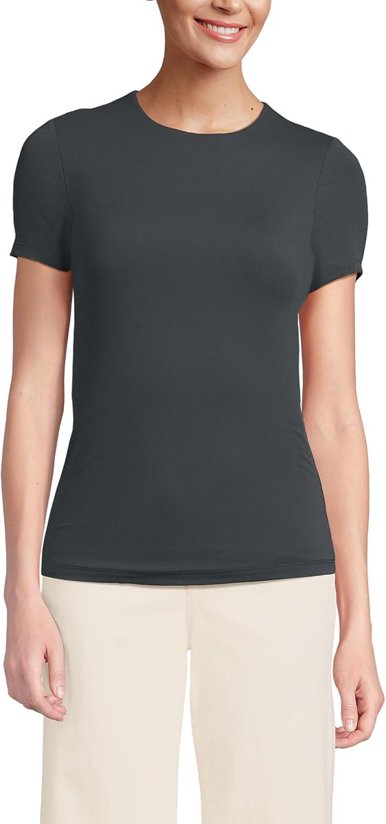 Camiseta de punto sin tirantes de doble capa y cuello redondo para mujer de manga corta
