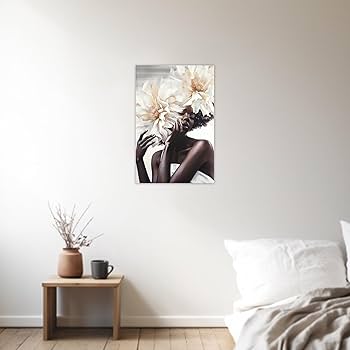 絵画　洋風　花　肖像画　モノクロ Amazon.co.jp: ZXHYWYM 黒人女性 フラワーヘッド ウォールアート
