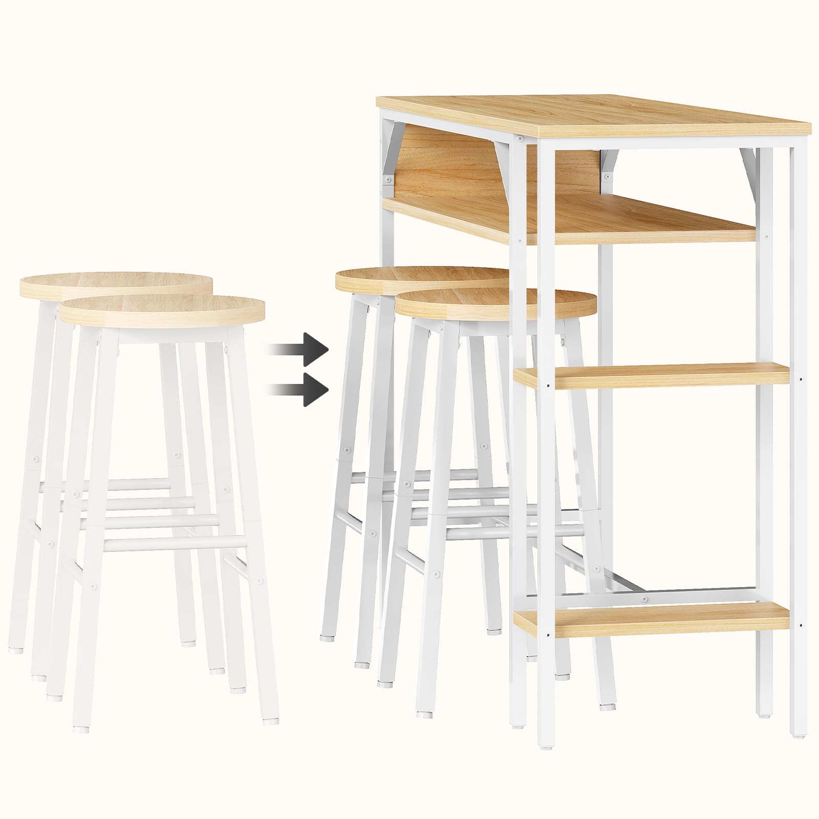 HOOBRO Juego de Mesa y Taburetes de Bar, Mesa Alta para Bar con Estantería de 3 Niveles y 2 Taburetes Redondos, para Cocina, Sala de Estar, Comedor, Blanco y Natural EWN07BT01
