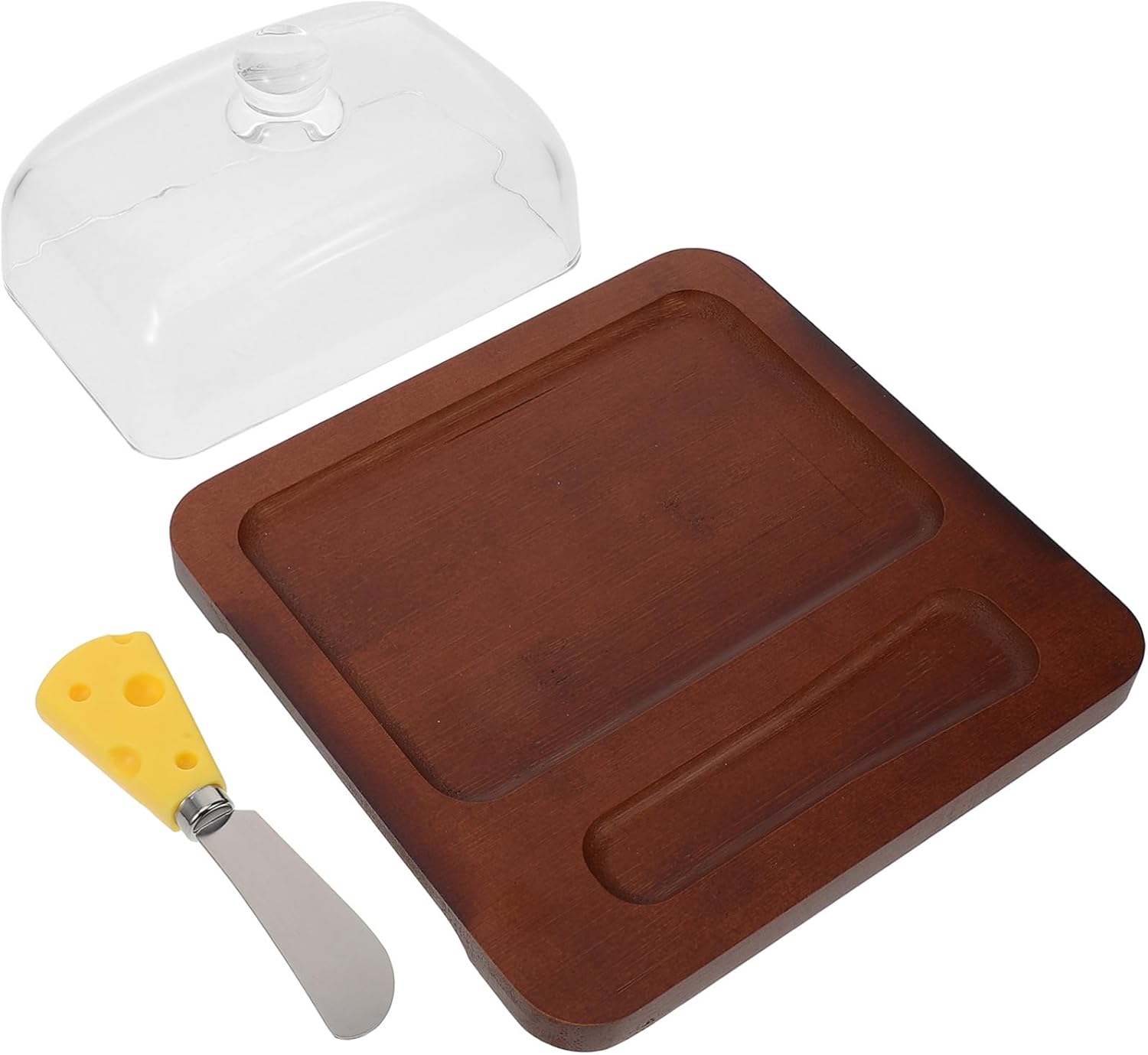 Alipis Wood Butter Dish with Glass Dome and Metal Cutter Reusable Square Butter Holder Tray for Kitchen and Refrigerator for Home and Restaurant Use