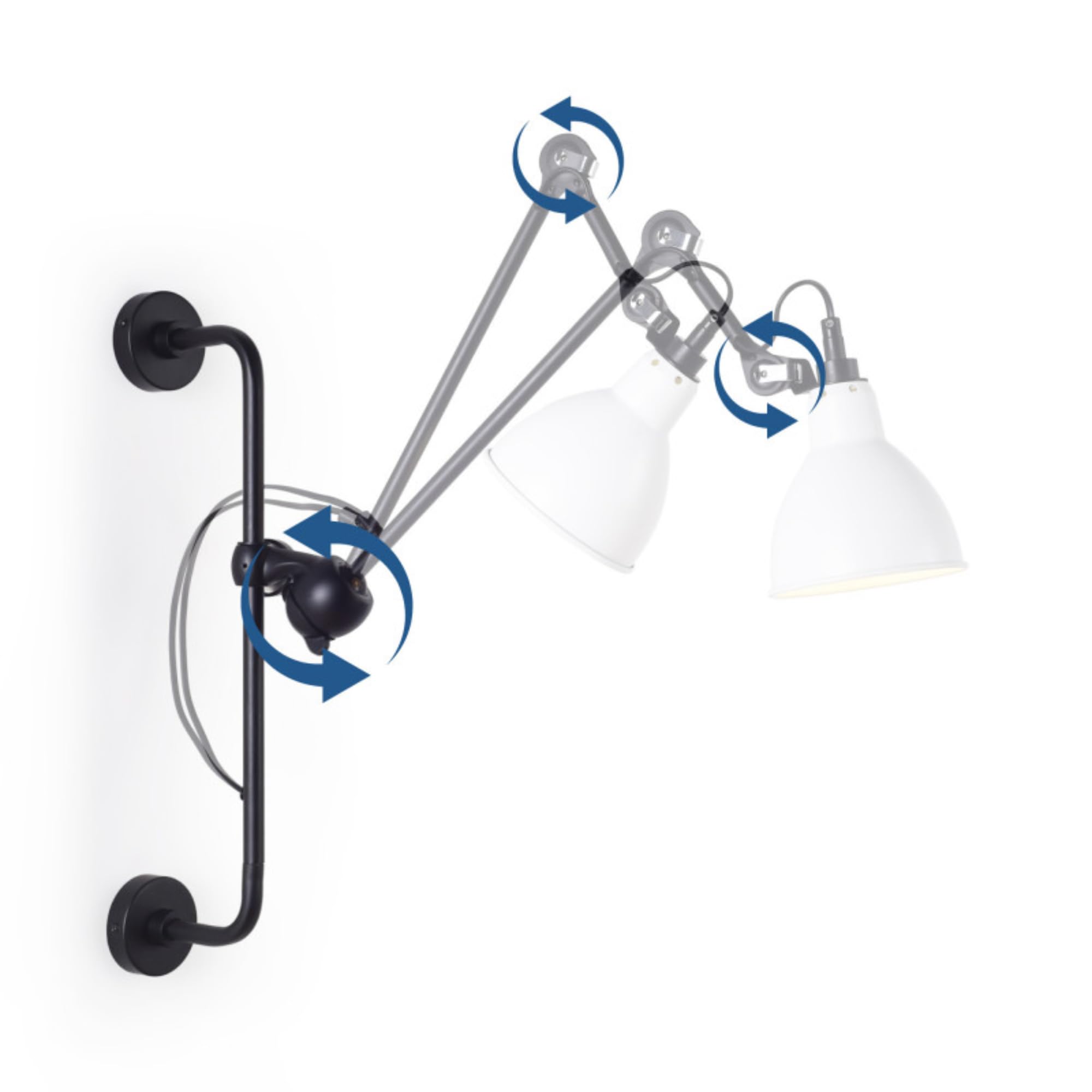Aplique de pared articulado industrial RUBY 210 con enchufe E27, lámpara de pared orientable 360°, brazo ajustable estilo loft para dormitorio, estudio, oficina, salón o restaurante
