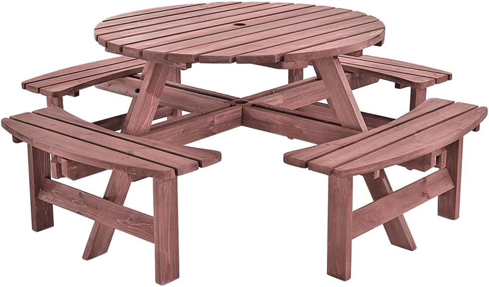 Panana 8 Seater Round Wooden Picnic Table Set with Benches, Solid Fir Wood Garden Table with Parasol Hole, Outdoor Dining Furniture for Garden, Park, Family Gatherings