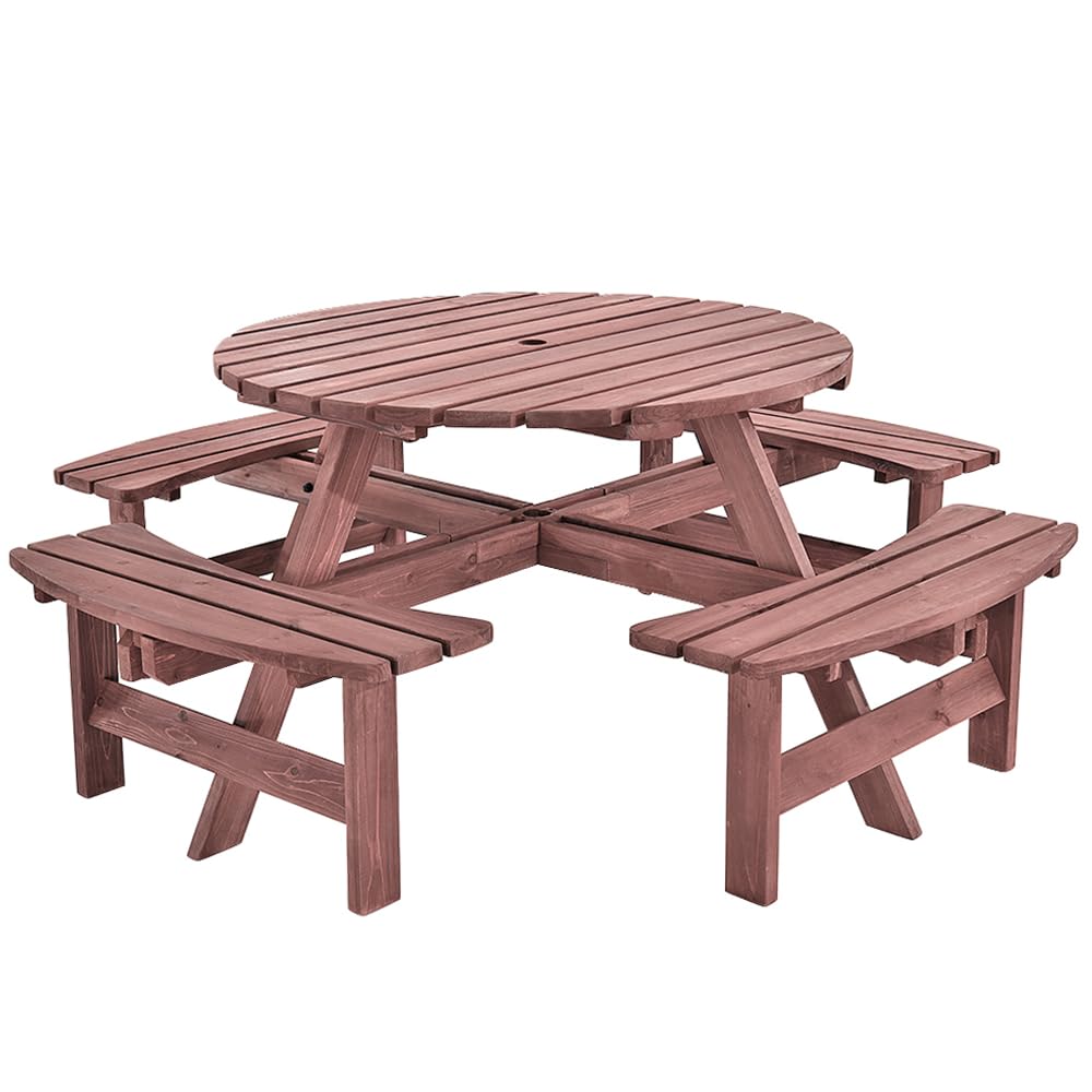 Panana 8 Seater Fir Wood Picnic Table Set Round Wooden Table with Bench Seats Furniture for Garden, Park, Patio