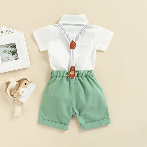 Vista 7 de Qiylii Bebé Niños Manga Corta Botones Pajarita Botones Body Camisas Tirantes Pantalones Cortos Ropa Casual Verano