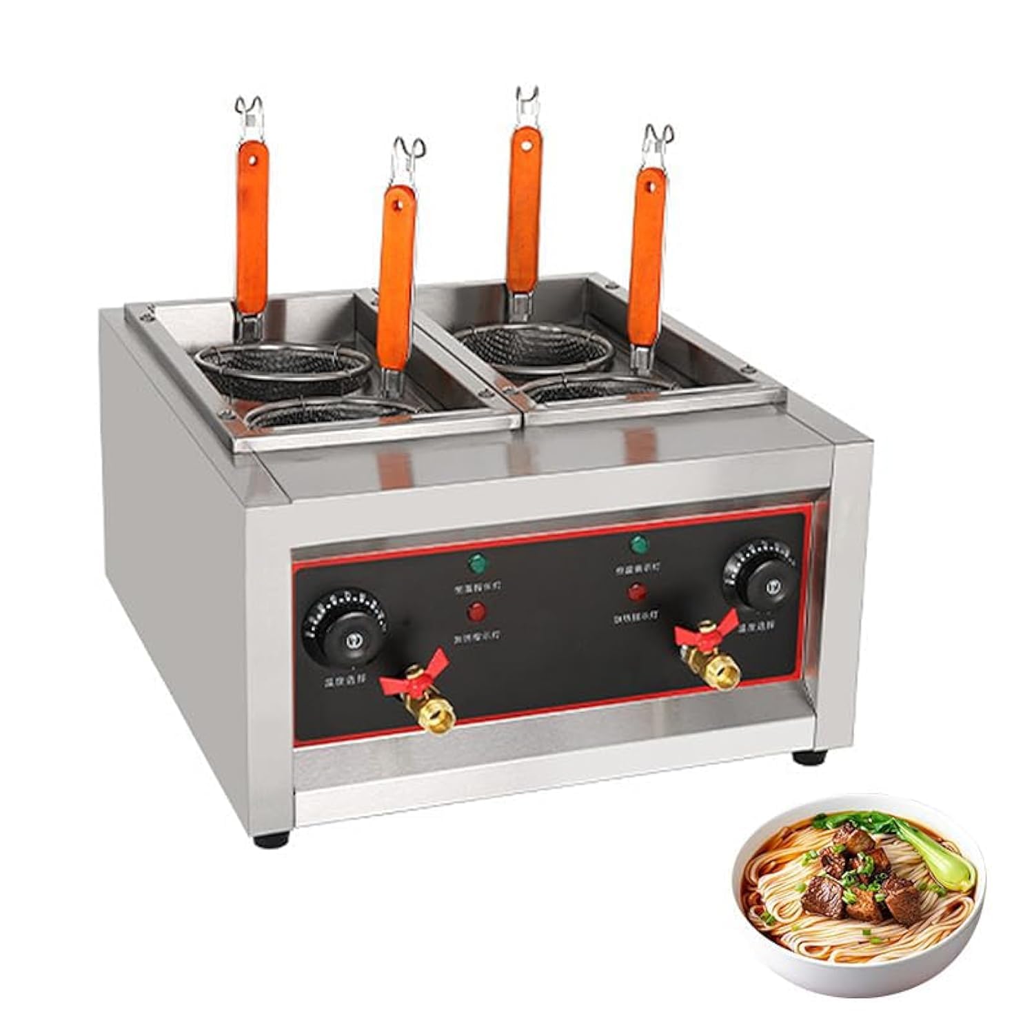 HCLSHOP Commercial Pasta Cooker,4 Holes Noodle Cooking Machine,Noodle Dumpling Machine 30-110℃ Thermostat Restaurant Boiling Equipment with 4 Basket Stainless Steel Noodle Filter