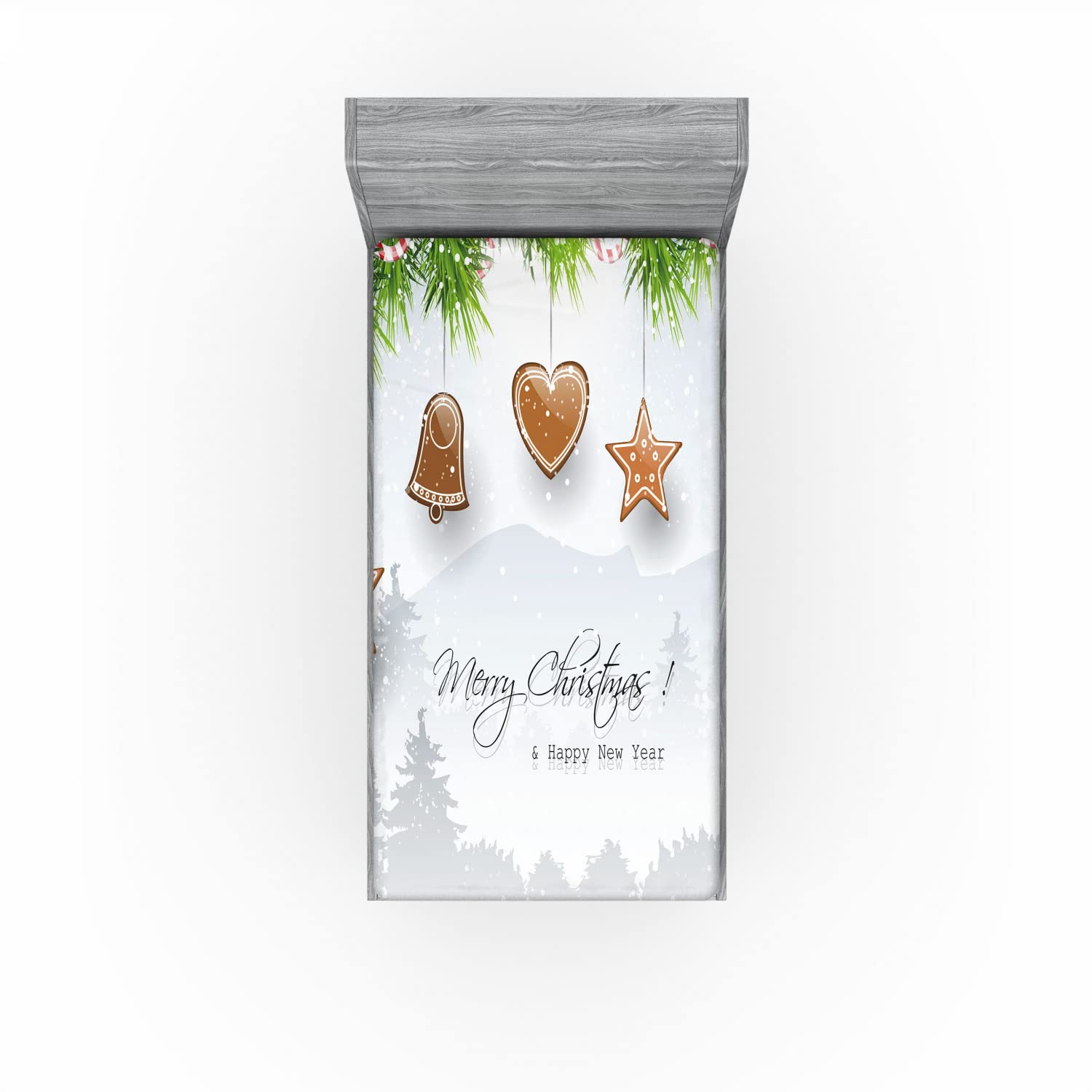 Ambesonne Christmas 2 Pack Fitted Sheet, Gingerbread Fir Tree, Bed Cover All-Round Elastic Deep Pockets 2 Pieces, Package Contains 2 Twin Size Fitted Sheets, Brown Grey