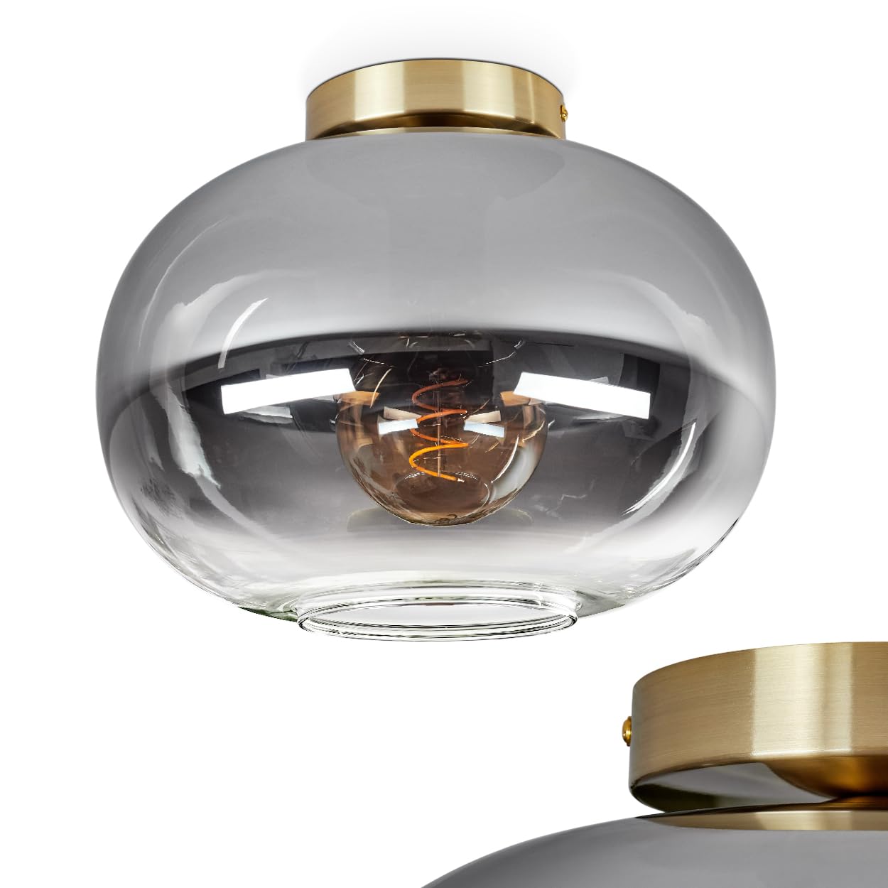 HOFSTEIN Plafoniera Apedo, lampada da soffitto in metallo/vetro color ottone/nero/fumo/trasparente, lampada moderna in design retrò/vintage (Ø 30 cm), E27, per sala da pranzo, camera da letto
