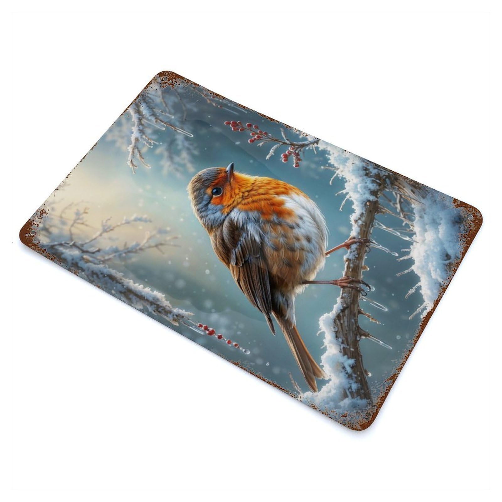 Robin Redbreast Winter 11.8"x7.9" Rust Effect Tin Sign, Decorative Metal Wall Art for Garage, Bar And Workshop Decor