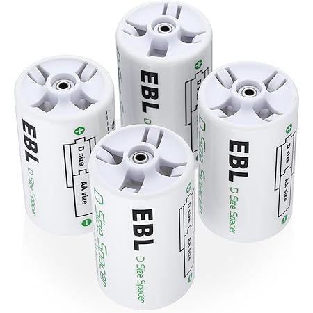 EBL AA to D Battery Converters, Pack of 4 AA to D Battery Adapters, Battery Spacer for AA Batteries