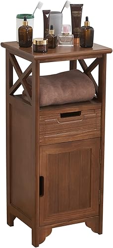 Miniatura 8 de Mesita de noche montada de 30 pulgadas de altura, armario de piso de baño premontado con estante y cajón de almacenamiento, mesa auxiliar alta negra