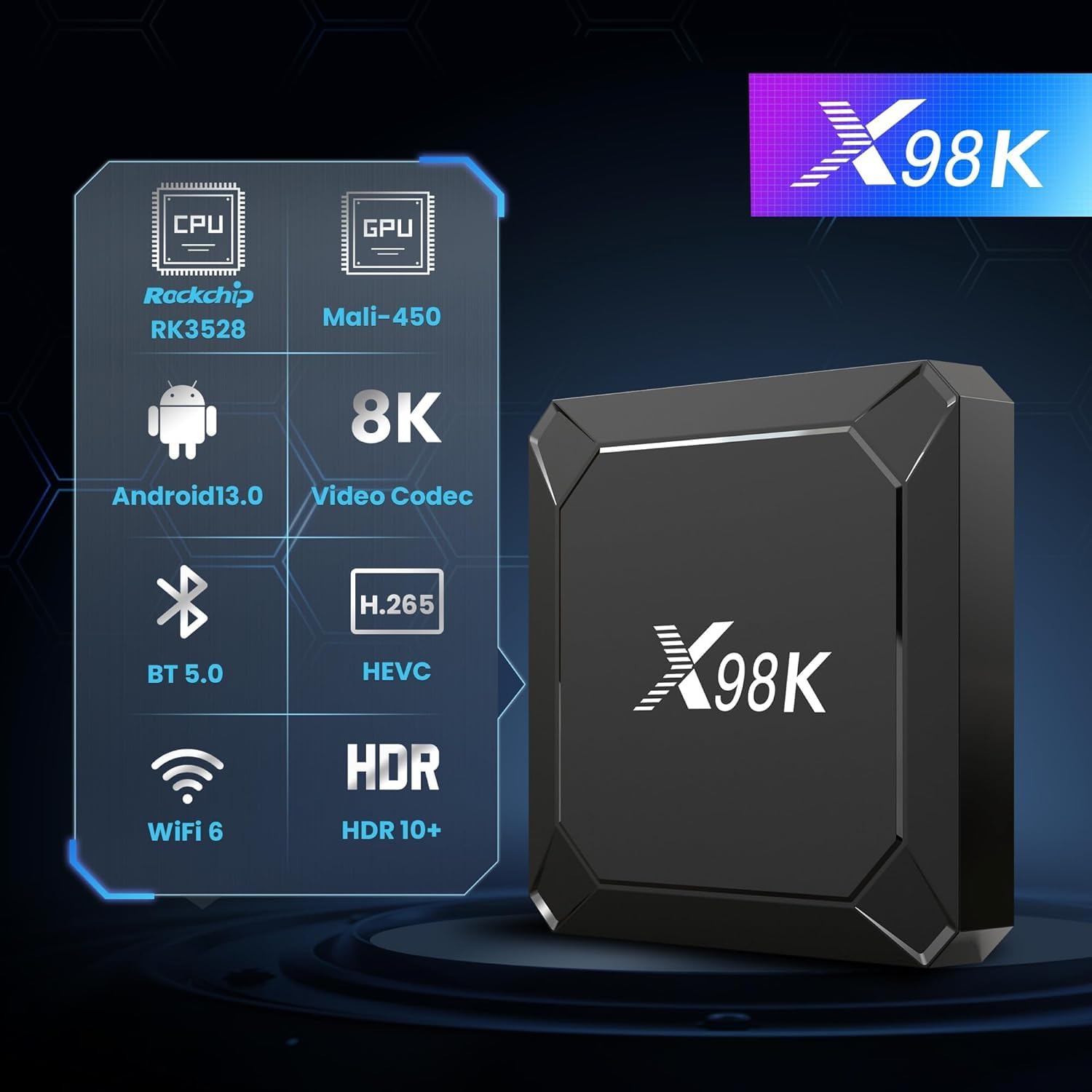 Boîtier TV Android 13.0 Android TV Box X98K 4GB RAM 32GB ROM RK3528A CPU Quad Core Arm Cortex A53 Android Box Support 2.4/5.0GHz WiFi6 BT5.X 4K 100M Ethernet USB 3.0/2.0 TV Box Android