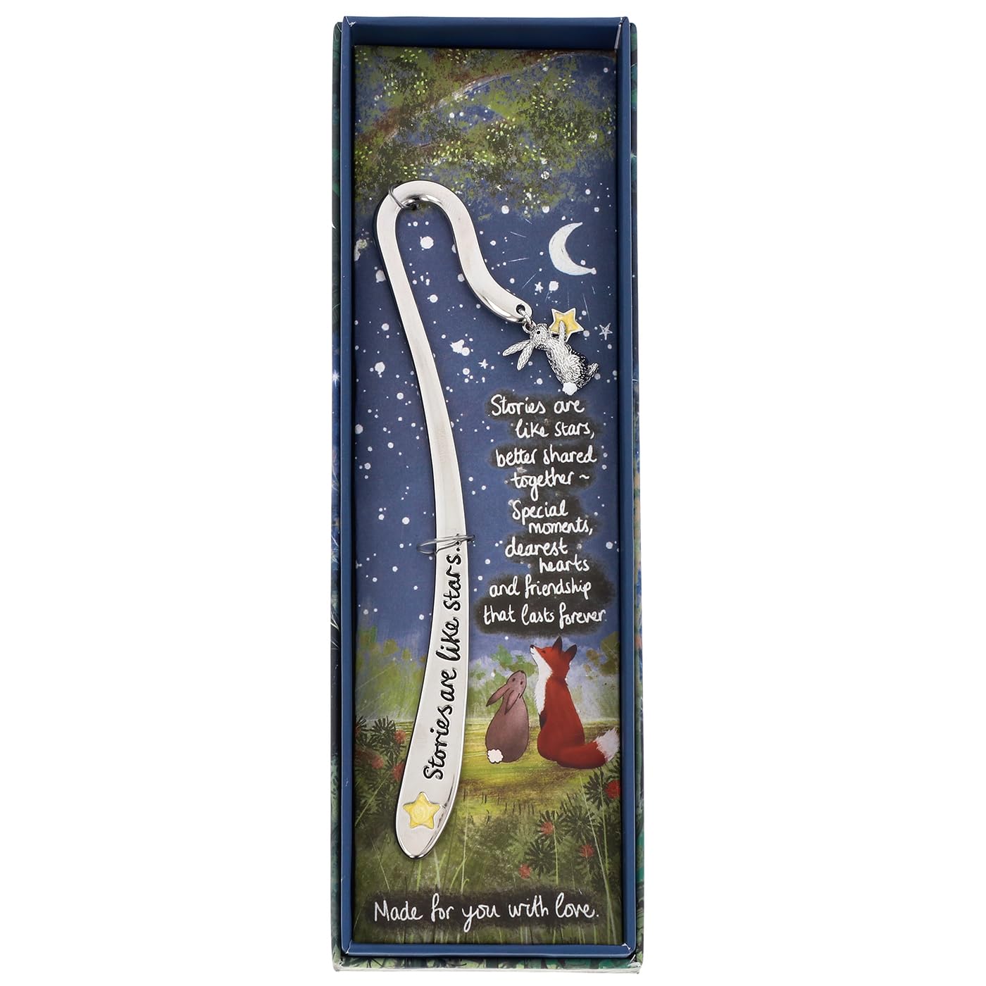 Fox Under The Moon Silver Plated Sentiment Bookmark - Inspirational Quote Gift with Charm - Friendship & Life Message - Stacey McNeill (Stories are Like Stars)
