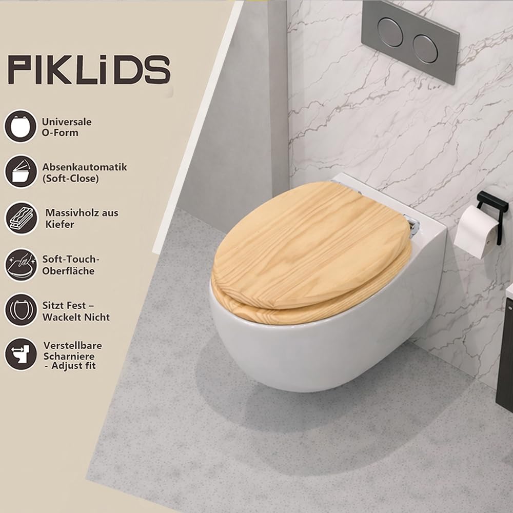 WC-Sitz aus Massivholz – Kiefer, mit Absenkautomatik, Schnellverschluss & Easy-Clean, Soft-Touch – PIKLiDS