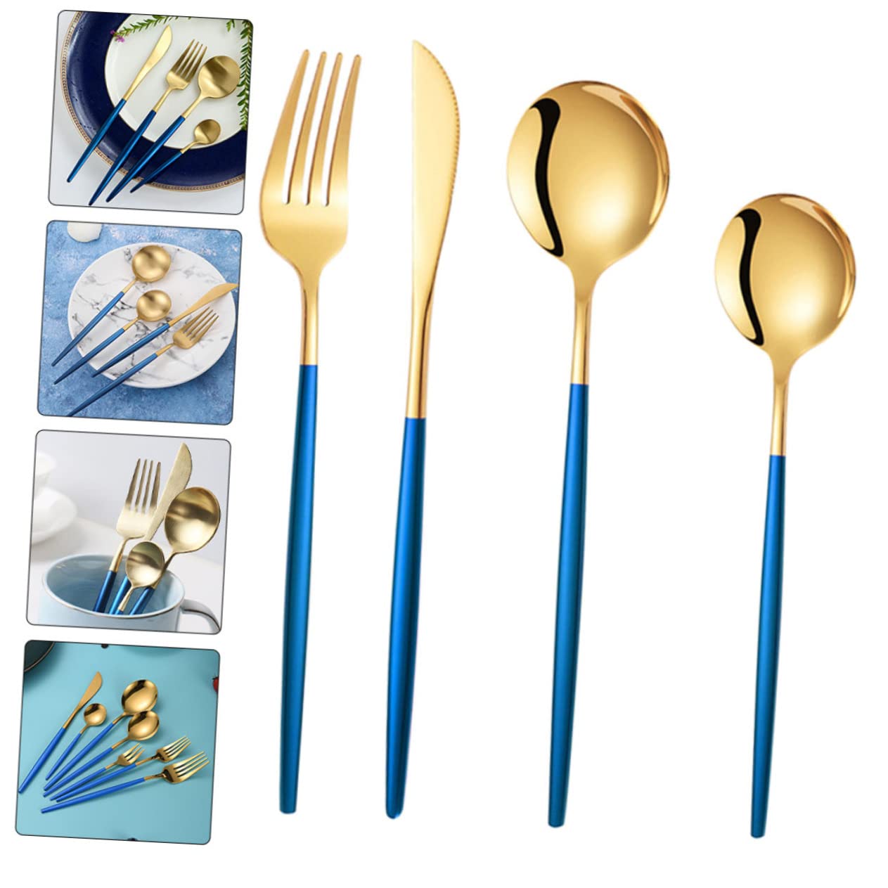 Juego de Cubiertos de Acero Inoxidable 1 Set, Tenedor de Cena | Diseño Clásico Moderno, Azul y Dorado, Uso en Boda y Celebraciones, Agarre Firme y Limpieza Fácil