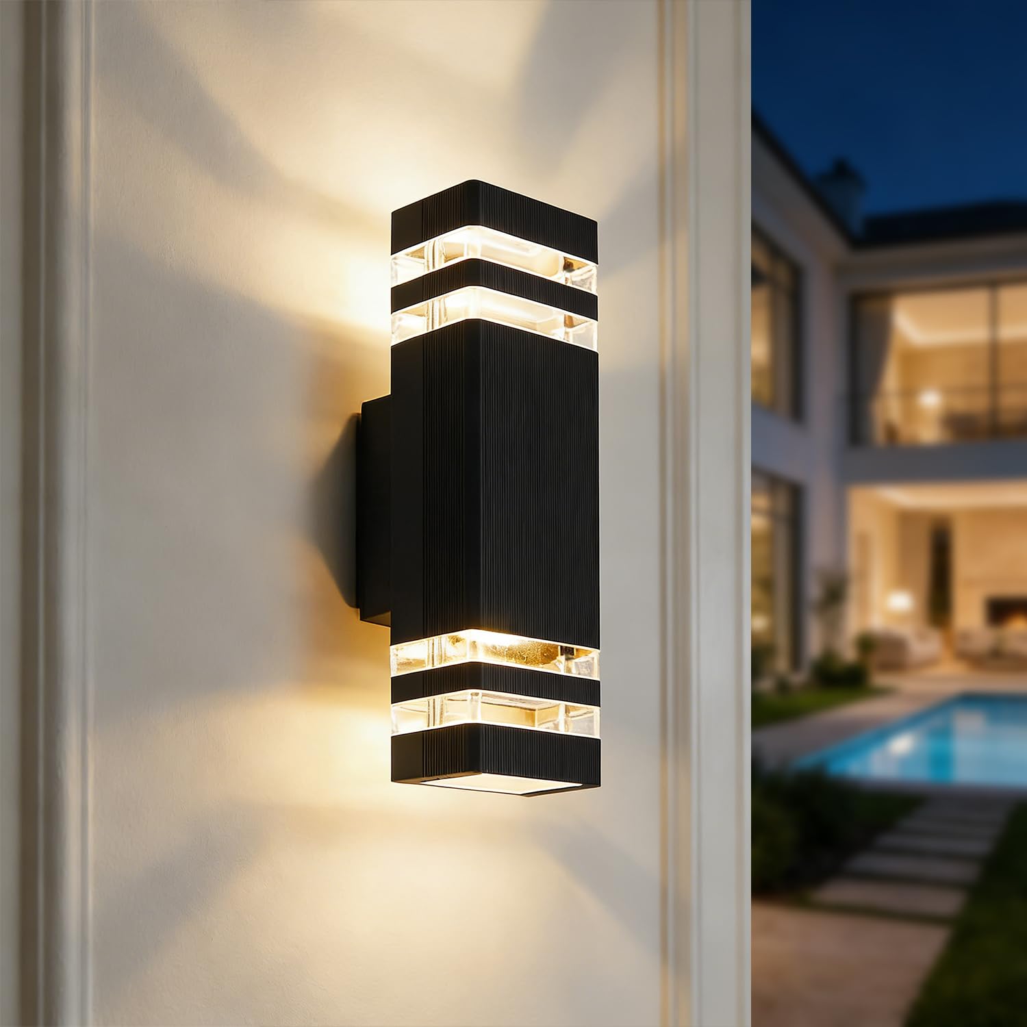 EBION Outdoor Wall Lights,Up and Down Outside Lights Mains Powered IP54 Waterproof,Exterior Wall Sconce Lights GU10,Square Aluminium Wall Lamp for Front Door,Porch,Garden,Garage(Bulb Not incl.)