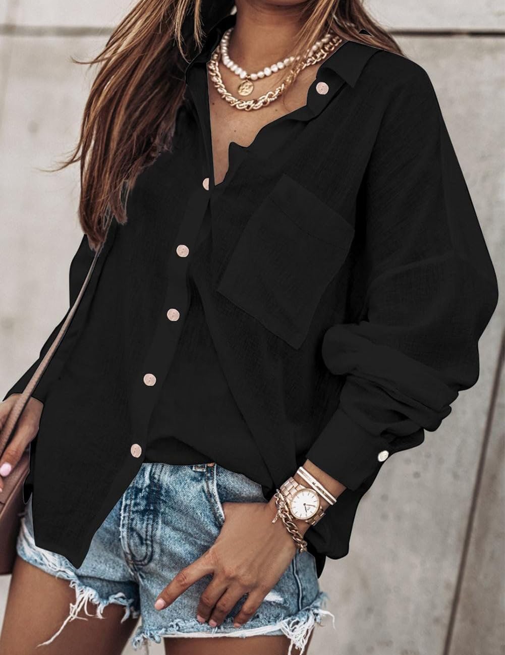 Zeagoo Womens Color Block Button Down Shirts Long Sleeve Linen Shirt Oversized Cotton Blouses Tops with Bust Pocket - Image 5