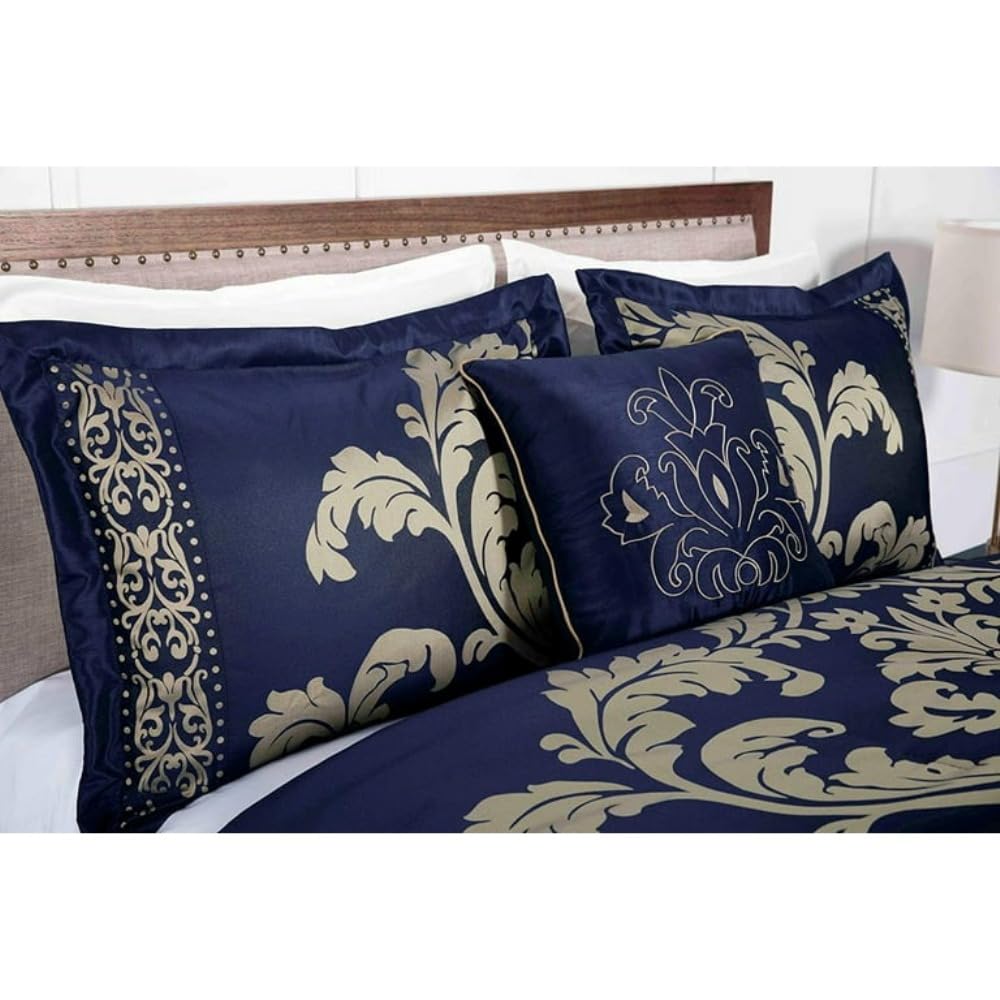 Condition photo showing Good Condition for TRP 7 Piece Bed in Bag Luxury Royal Floral Comforter Set King Size | Pretty Navy Gold Color Aesthetic Bedding All Seasons Rich Vibrant Look Soft Plush Cozy Feel