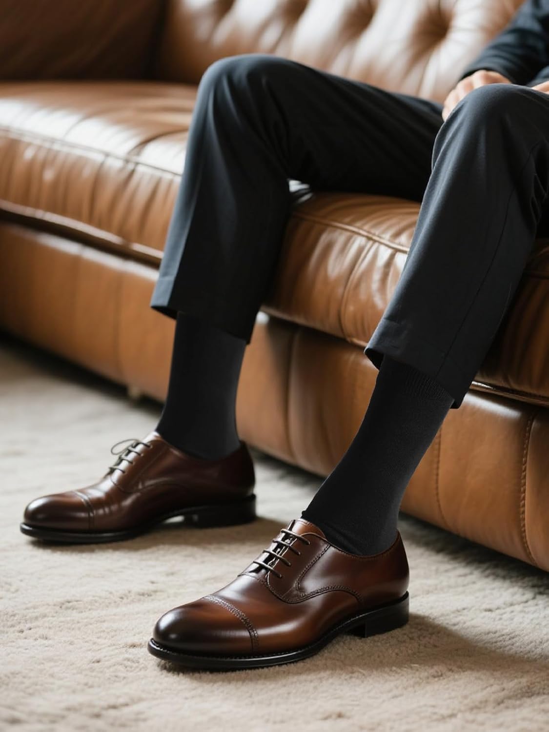 COTTON DAY Men's Premium Soft Combed Cotton Trouser Dress Socks Seamless Toe Black Navy Blue Striped - Image 5