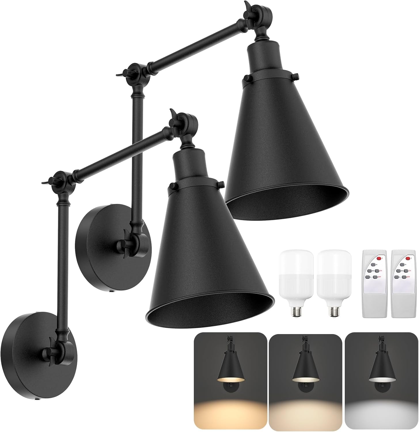 2-Pack Battery Operated Swing Arm Wall Sconces with Remote Control,3-Color Dimmable Indoor Non-Hardwired Metal Industrial Wall Light for Bedroom Living Room Hallway(Black,Bulb Inculded)