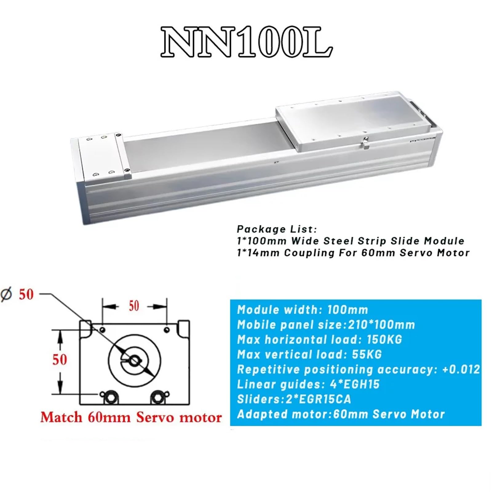 Attuatore lineare completamente chiuso, larghezza 100 mm, carico pesante 150 kg, tavolo scorrevole di precisione 4*EGH15CA SFU1605/1610, precisione ±0,012 mm(57mm Motor,SFU1610-200MM Stroke)