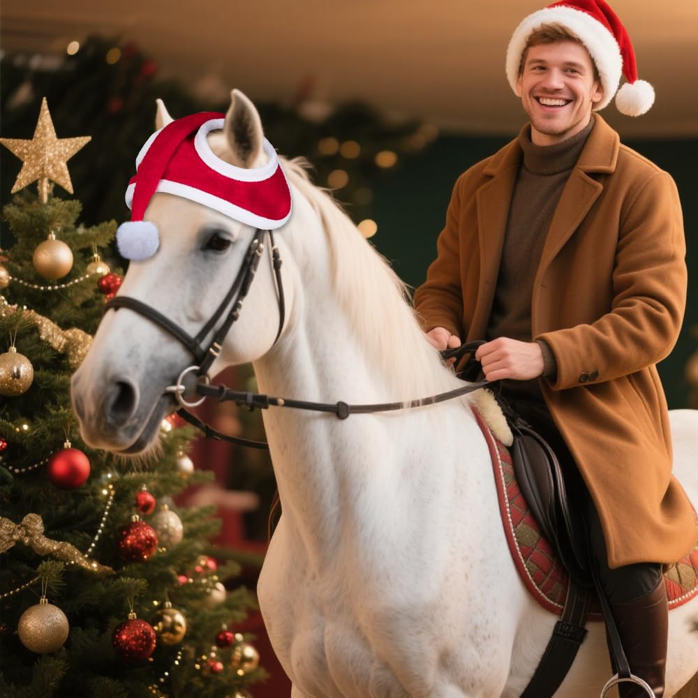 Bonnet de Noël pour Cheval, Bonnet de Noël avec Cheval, Bonnet de Noël pour Casque D'équitation, Accessoires de Noël pour Chevaux, Tenue pour Noël, 35 cm x 43 cm