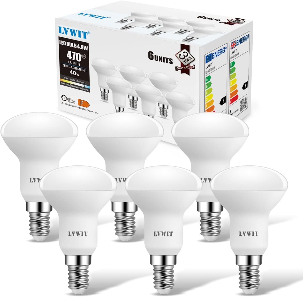 LVWIT E14 Led Light Bulb,R50 Reflector Bulb Small Screw,4.9W 470lm,40W Equivalent E14 Bulb,Cool White 6500K,Daylight LED Spotlight Bulbs Screw Fitting,Non-Dimmable, Pack of 6