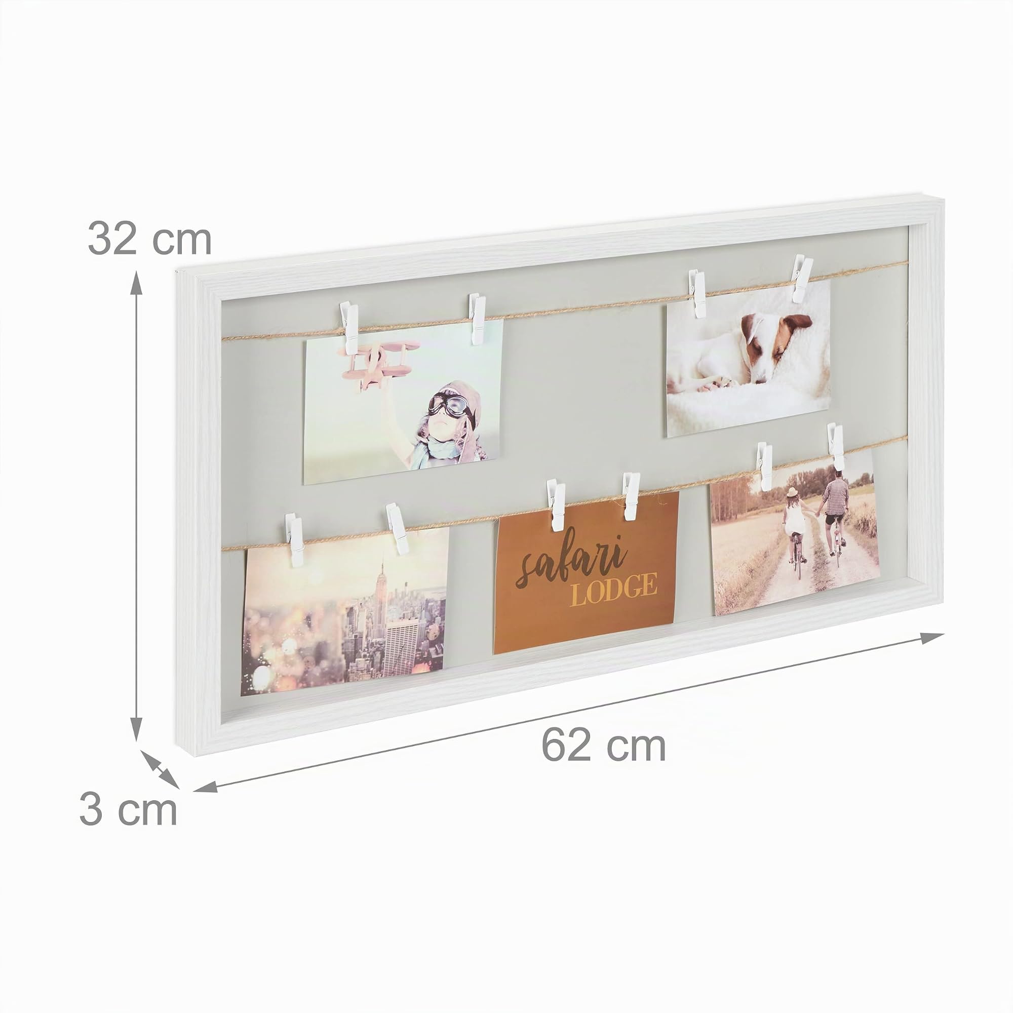 Relaxdays Portafoto con Mollette e Fili, 10 Pinze, per Appendere Foto e Cartoline, Bacheca da Parete, Bianco Grigio