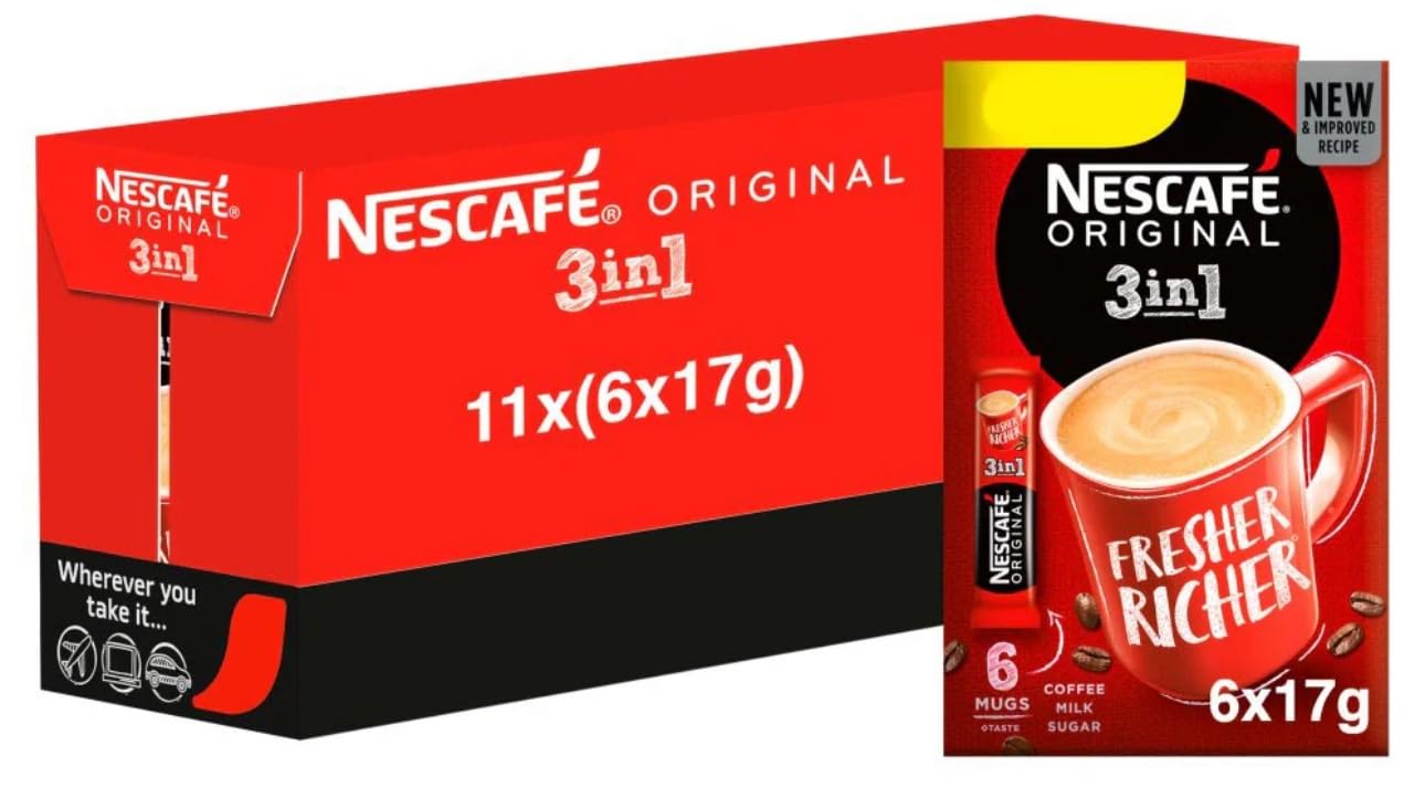 Nescafe Original 3 in 1 Coffee - 66 Sachets (11 Boxes of 6x17g), 2 Packs (132 Sachets Total)