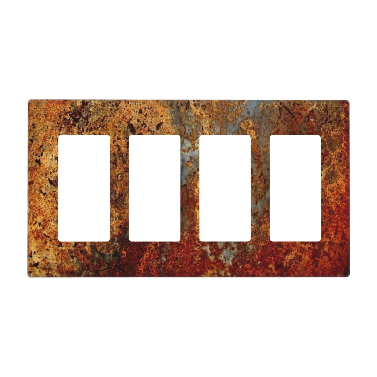 Rust Metal Print Quad Rocker Light Switch Cover Decorative Light Switch Plate Lightweight Wall Plates For Home Bathroom Office 8 x 4.5 x 0.2 inch
