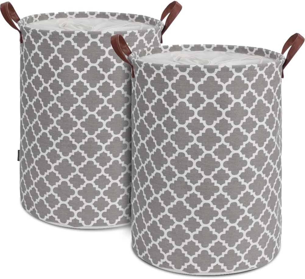 TOTANKI 2-Pack Large Laundry Basket with Leather Handle, Thickened Waterproof Drawstring Collapsible Laundry Hamper, Dirty Clothes Storage Basket for Bedroom, Bathroom, College Dorm (Grey, L)