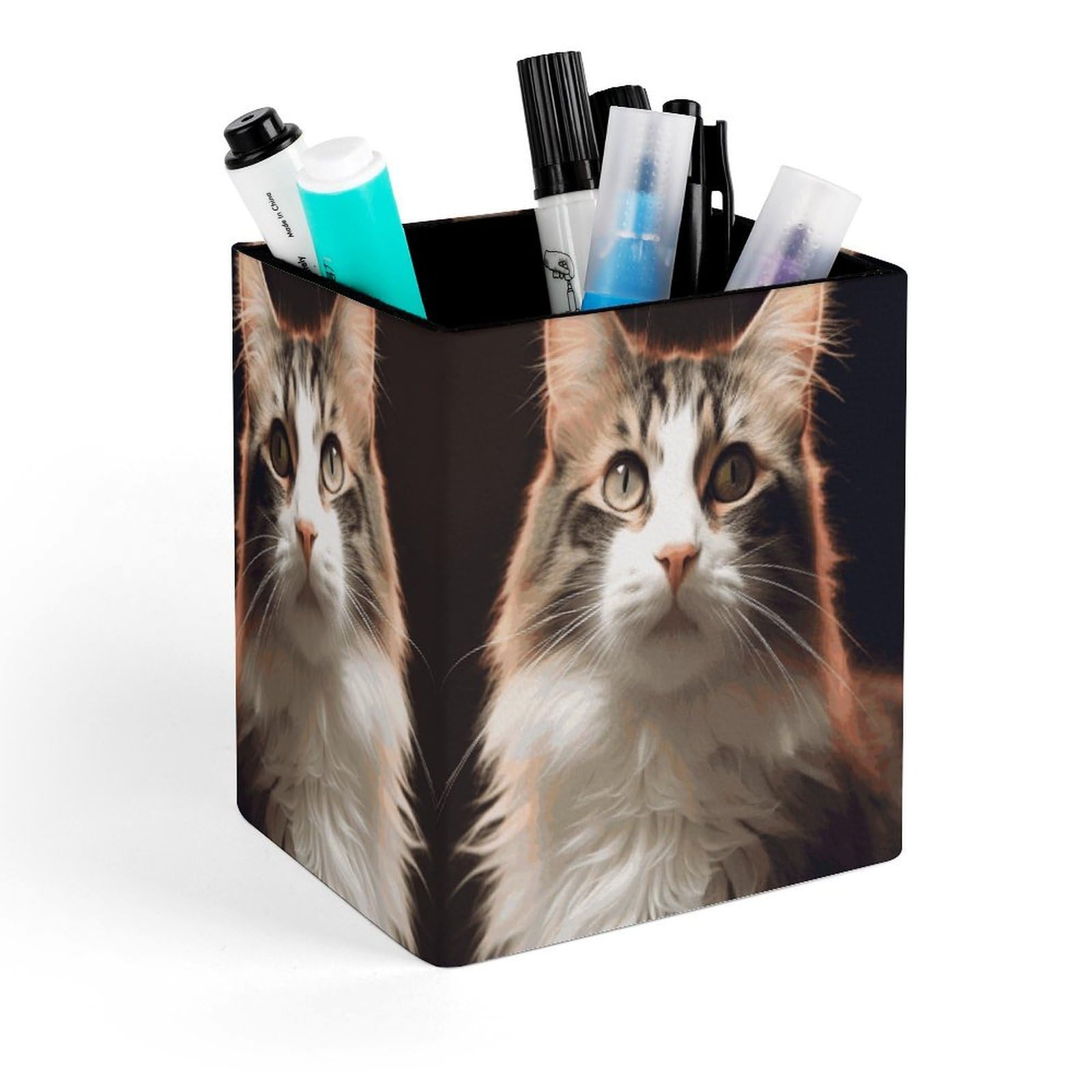 FekiLoot Cat Pencil Holder for Desk Square Leather Pen Holder Cup Desktop Organizer Multi-Functional Pencil Cup Holders Modern Decorative Desk Organizer Caddy Makeup Brush Holders