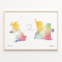 Watercolor map poster of Britain and Angola connected by a heart line, long-distance gift for moving away or travel lovers, United Kingdom wall art print