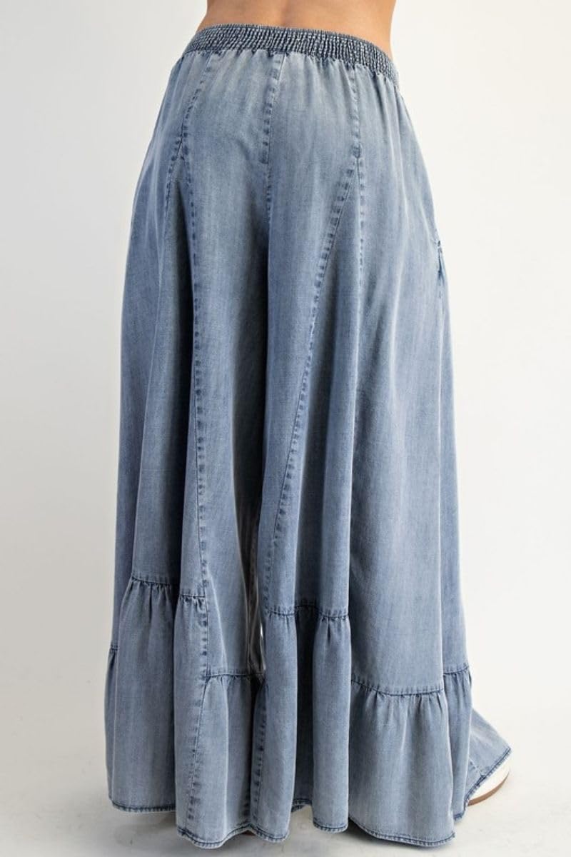 Womens Wide Leg Denim Pants Baggy Elastic Waist Denim Pants Casual Loose Ruffle Low Waist Jeans with Pockets