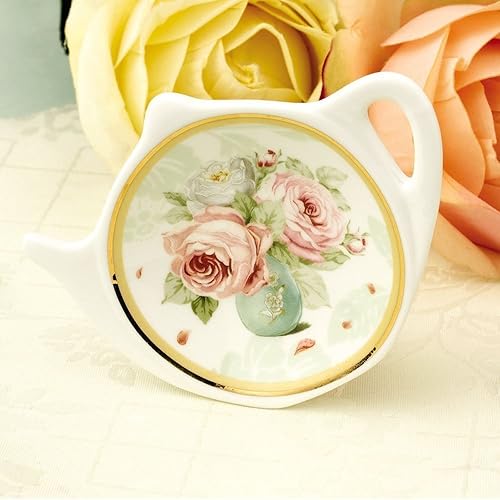 Miniatura 4 de Cerámica de porcelana blanca con borde de flor con borde dorado en forma de tetera soporte para bolsa de té, posavasos, reposabrazos, juego de