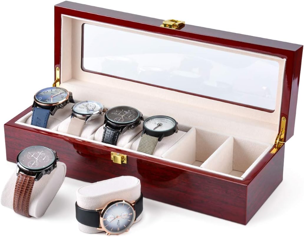 Karamanda 6 Wide Slots Wooden Paint Watch Box, Cherry-red Watch Storage Organizer with Glass Top and Locking Clasp for Women Men's Christmas Gift
