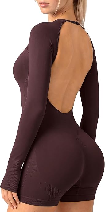 Womens Workout Jumpsuit Long Sleeve Open Back Romper Shorts