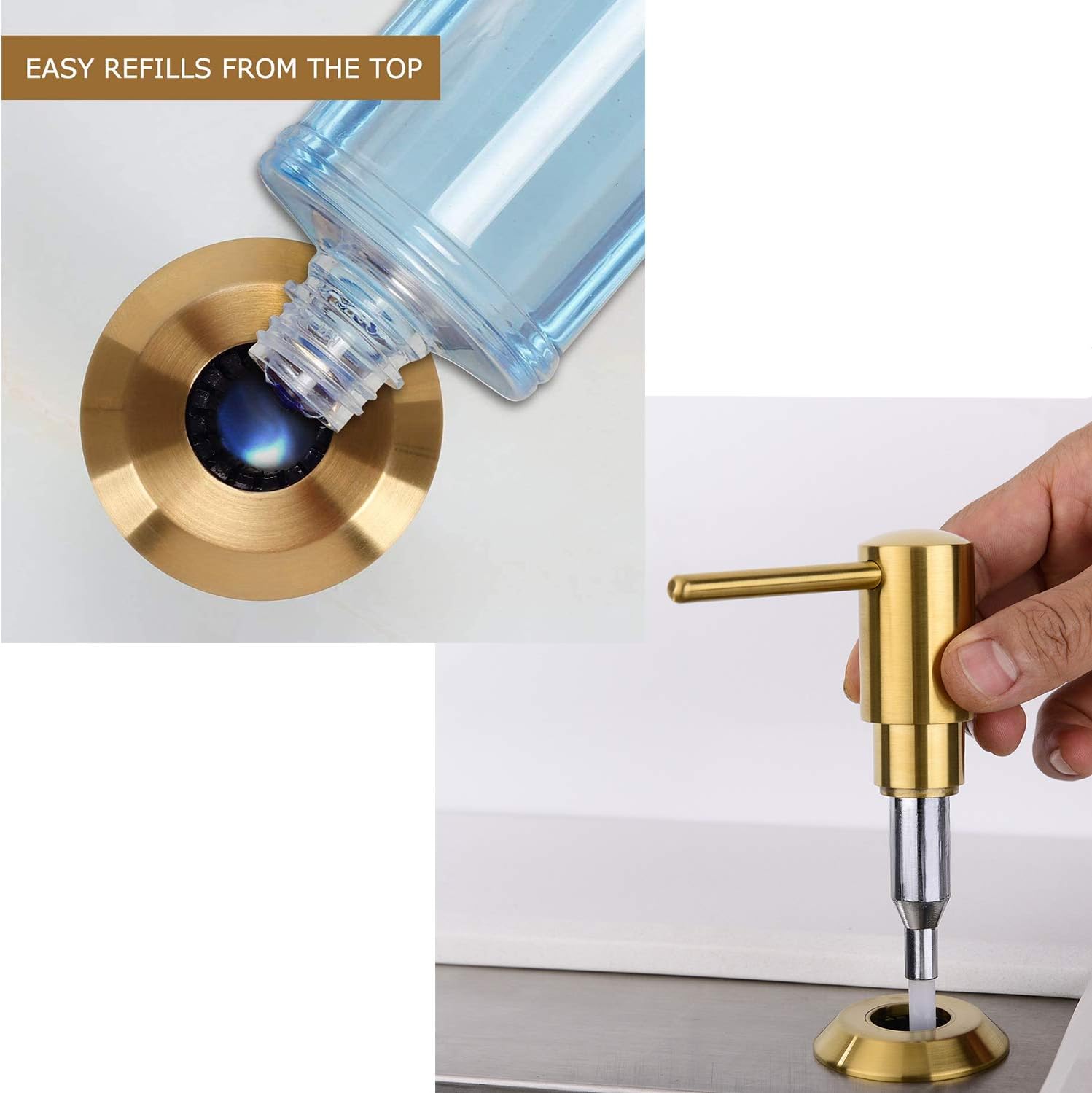 Gold Soap Dispenser for Kitchen Sink, Built in Soap Dispenser Brass, Brushed Gold Pump Head Liquid Lotion Kitchen Commercial with 500ml Bottle