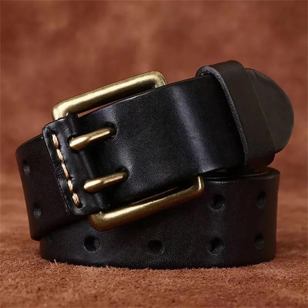 Men's Vintage Leather Belt - 3.8 cm Wide Cowhide with Copper Double Needle Buckle
