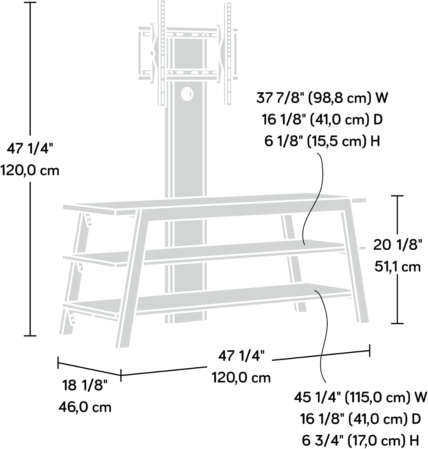 Dimensions diagram for Sauder Steel River TV Stand