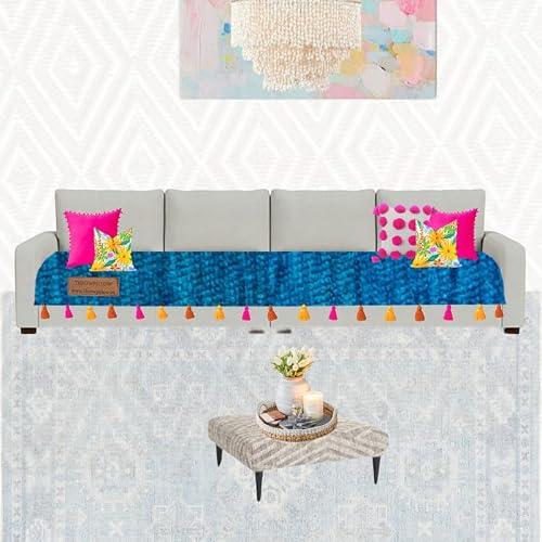 Throw Pillow Teal Blue with Multicolor Tassel Sofa Cover Regular Shape Sofa Cover (4 Seater) BS
