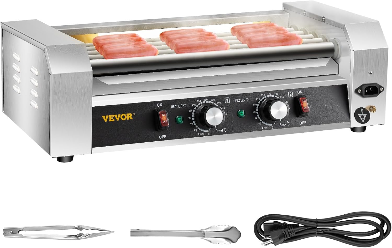 VEVOR Hot Dog Roller, 5 Roller Grill, Hold 12 Hot Dogs, 750W Stainless Steel Cook Warmer Machine with Dual Temp Control, LED Light & Detachable Drip Tray, Sausage Grill Cooker for Commercial and Party