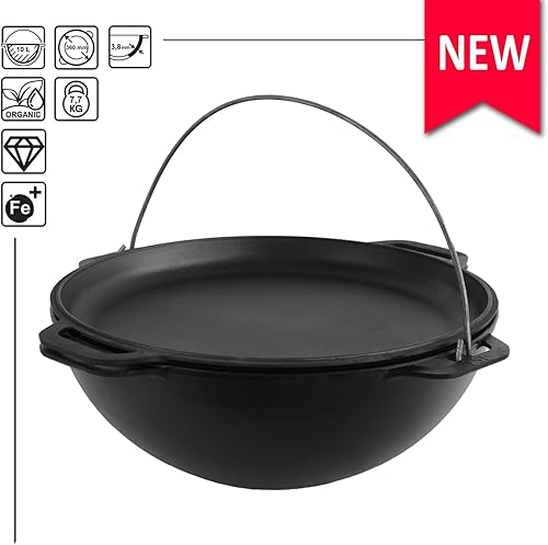Miniatura 5 de Olla de horno holandés con tapa, 10.5 cuartos de galón (10 litros), juego de utensilios de cocina de hierro fundido, hierro fundido kazán uzbeco,