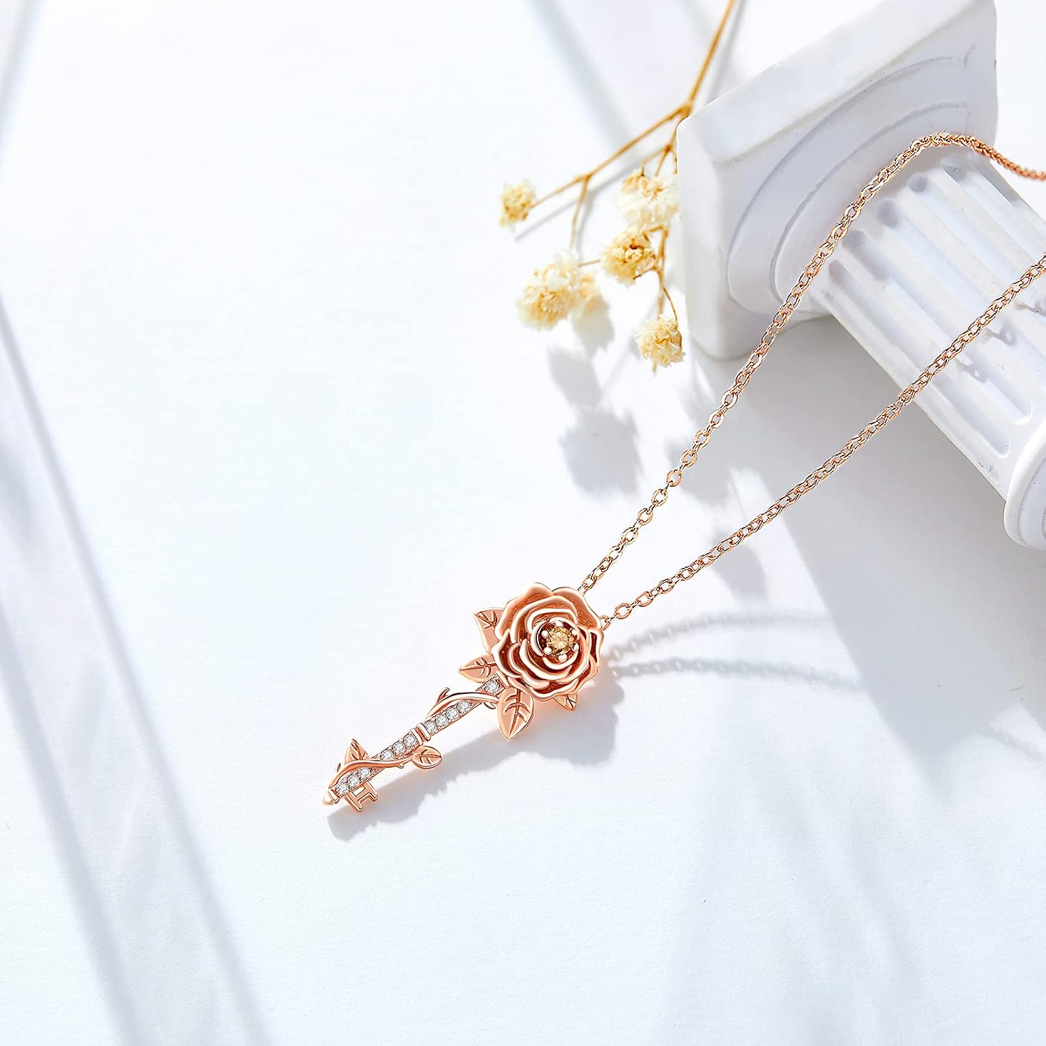 TANGPOET Flower Key Pendant Necklace 925 Sterling Silver Jewelry Gifts for Women Wife Girlfriend Birthday Christmas Anniversary Valentines Mothers Day