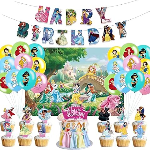 Princess Theme Party Decoration Princess Birthday Party Decorations Set for Kids Includes Princess Birthday Banner, Background, Cake Topper, Cupcake Toppers, Balloon Cover