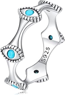 Evil Eye Turquoise Ring for Women: 925 Sterling Silver Turkish Eyes Stackable Rings Wedding Eternity Band Engagement Promise Bands, Fashion Birthday Jewelry Size 6-8