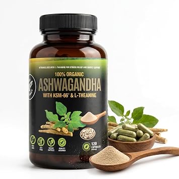 Organic Ashwagandha Capsules 500 mg with KSM-66 & L-Theanine, 120 Veggie Capsules Non-GMO, Gluten-Free, Soy-Free Withania Somnifera Herbal Supplement