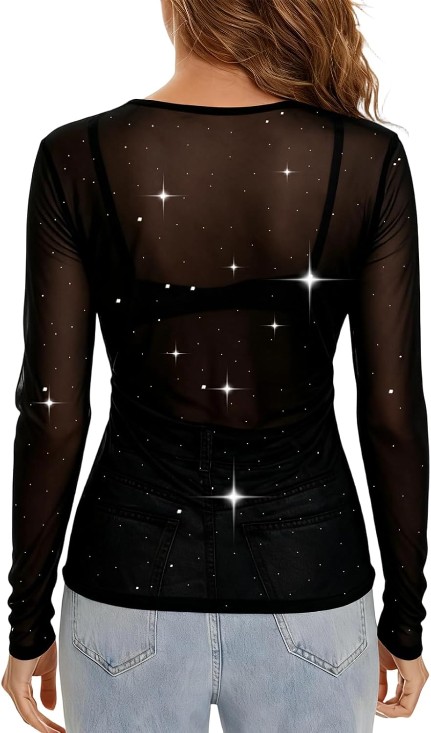 Glitter Sheer Mesh Top for Women Sexy Crew Neck Long Sleeve Sparkly Shirt See Through Blouse Party Clubwear - Image 2