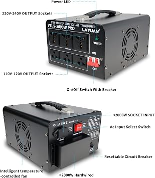 LVYUAN 5000 Watt Voltage Converter Transformer Heavy Duty Step Up Step Down AC 110V/120V/220V/240V Converter with Hard-Wiring