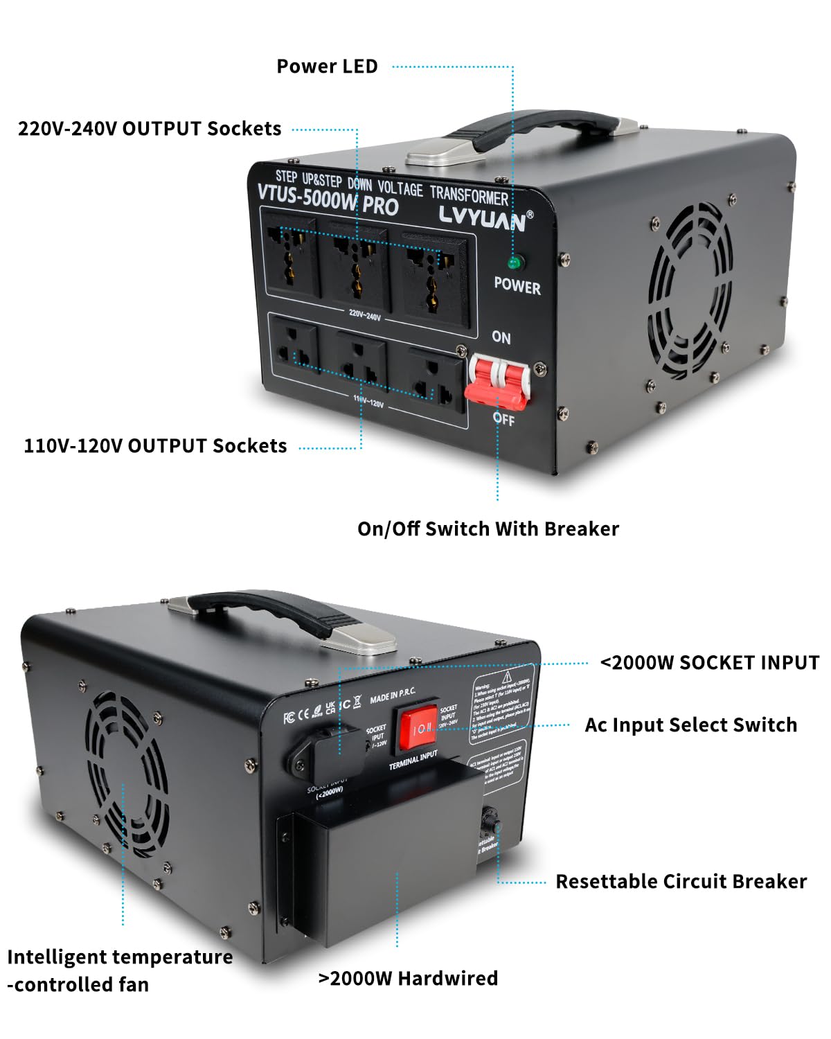 LVYUAN Convertitore di tensione da 5000 Watt, resistente, convertitore Step Up Step Down AC 110 V/120 V/220 V/240 V con cablaggio rigido